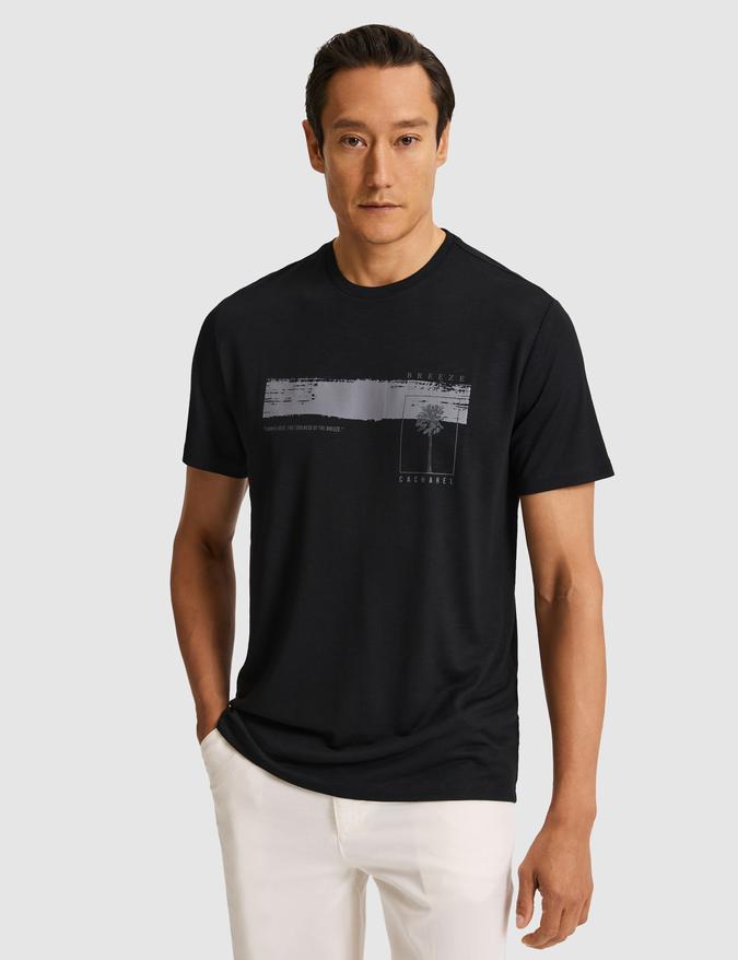 Siyah Slim Fit Modal Karışımlı Baskılı Bisiklet Yaka T-shirt