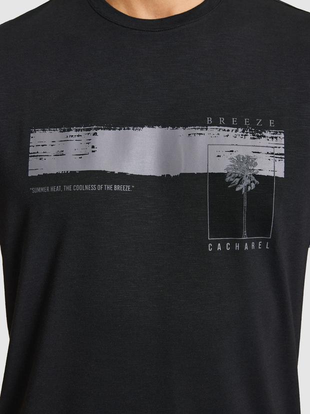 Siyah Slim Fit Modal Karışımlı Baskılı Bisiklet Yaka T-shirt