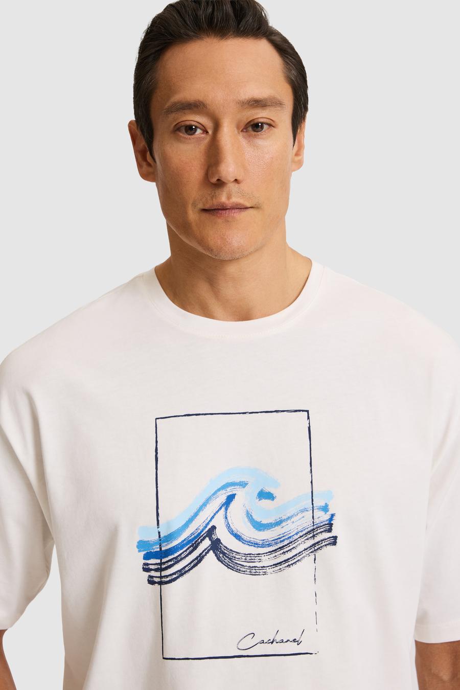 Beyaz Comfort Fit %100 Pamuk Bisiklet Yaka Desenli T-shirt - 50320563001