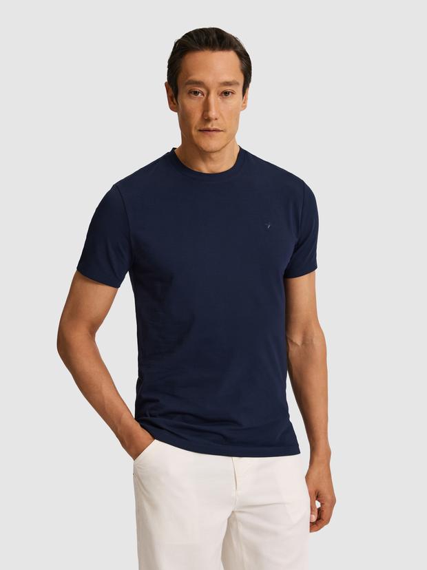 Lacivert Slim Fit Bisiklet Yaka Pamuk Karışımlı Basic T-shirt