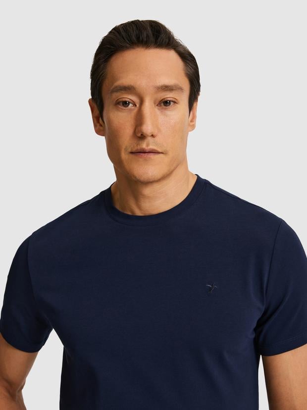 Lacivert Slim Fit Bisiklet Yaka Pamuk Karışımlı Basic T-shirt