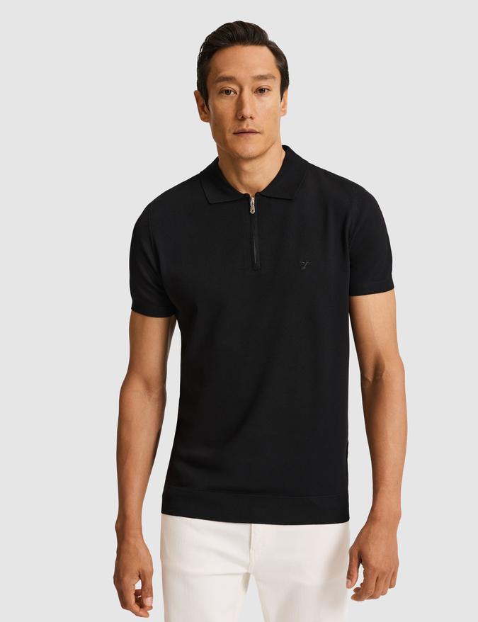 Siyah Slim Fit Fermuarlı Polo Yaka Triko T-shirt