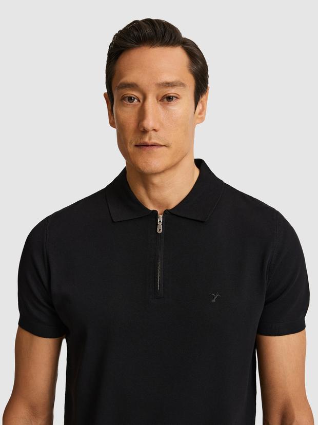 Siyah Slim Fit Fermuarlı Polo Yaka Triko T-shirt