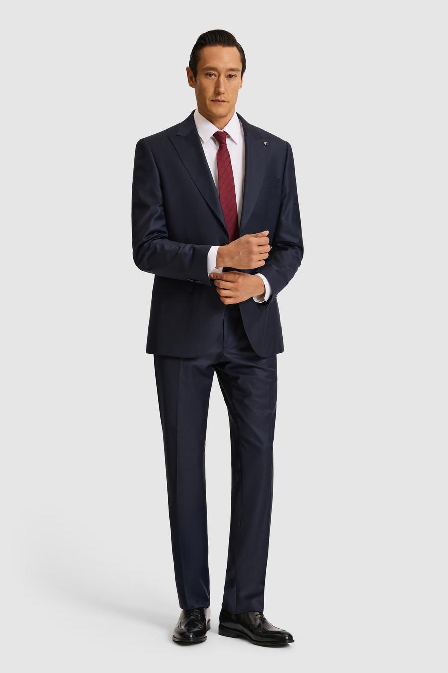 Lacivert Slim Fit Mikro Desen Kırlangıç Yaka Yün İpek Karışımlı Takım Elbise - 50319129011