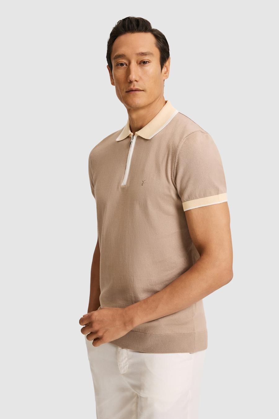 Vizon Slim Fit Fermuarlı Polo Yaka Saf Pamuk Triko T-shirt - 50321116020