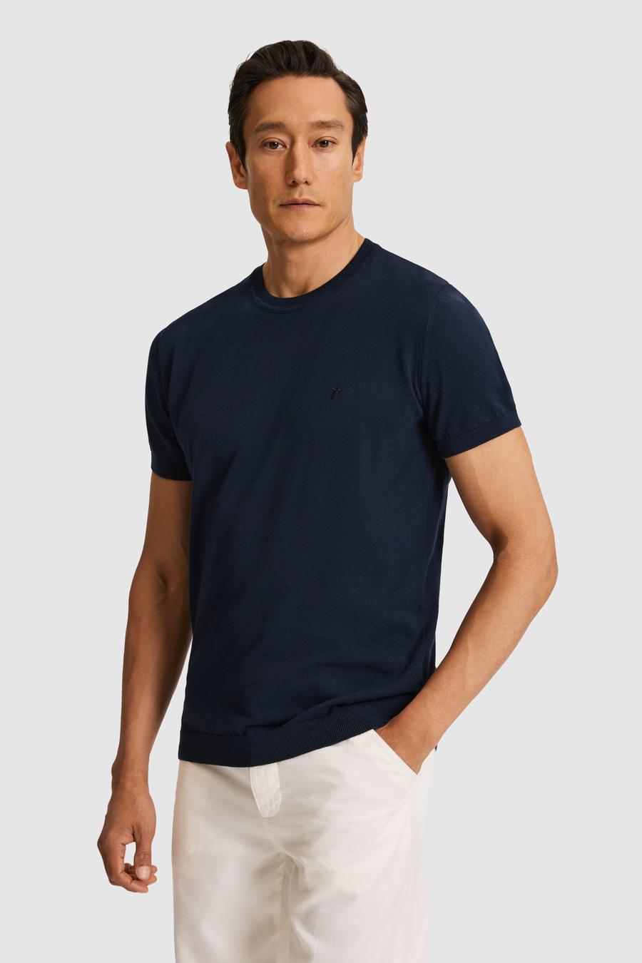Lacivert Slim Fit Bisiklet Yaka Saf Pamuk Triko T-shirt - 50320665075