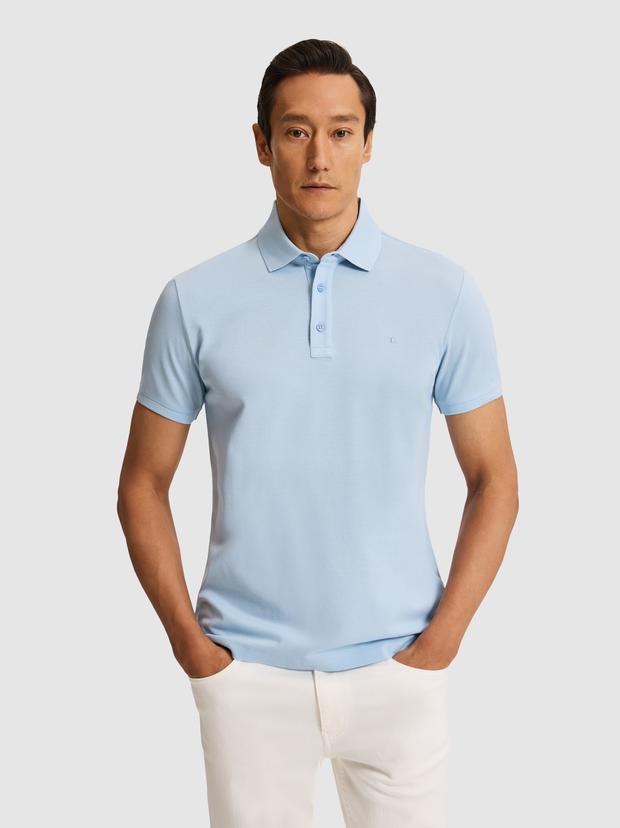Açık Mavi Slim Fit Saf Pamuk Polo Yaka Basic T-shirt
