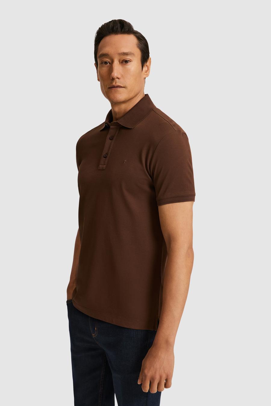 Kahverengi Slim Fit Saf Pamuk Polo Yaka Basic T-shirt - 50320657036