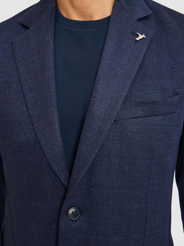 Lacivert Slim Fit Mikro Desen Mono Yaka Keten Karışımlı Ceket