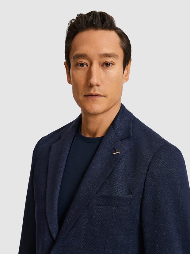 Lacivert Slim Fit Mikro Desen Mono Yaka Keten Karışımlı Ceket