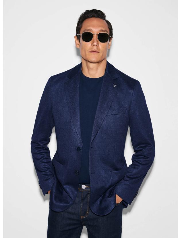 Lacivert Slim Fit Mikro Desen Mono Yaka Keten Karışımlı Ceket