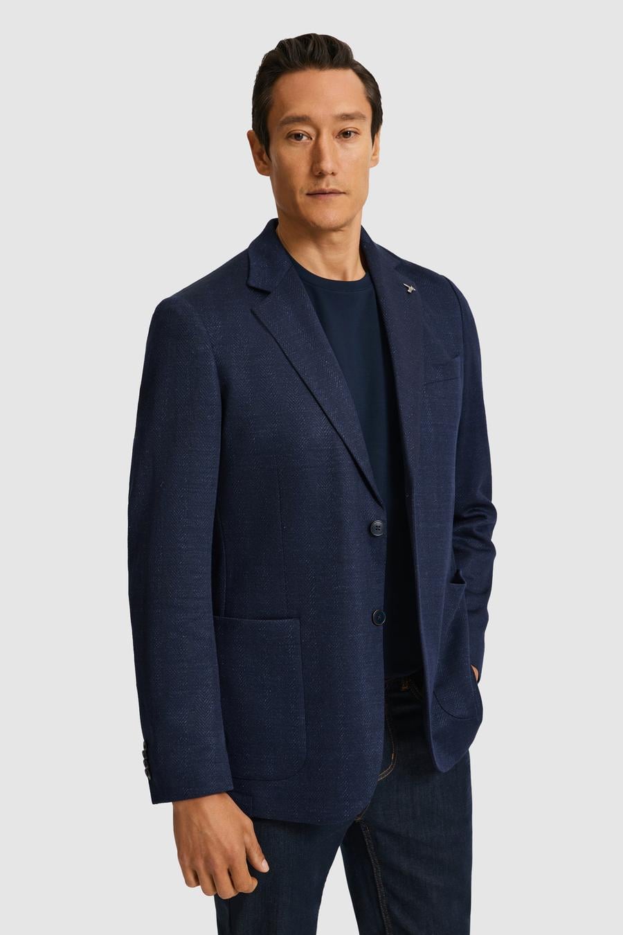 Lacivert Slim Fit Mikro Desen Mono Yaka Keten Karışımlı Ceket - 50324557005