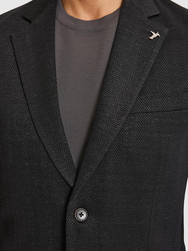 Siyah Slim Fit Mikro Desen Mono Yaka Keten Karışımlı Ceket