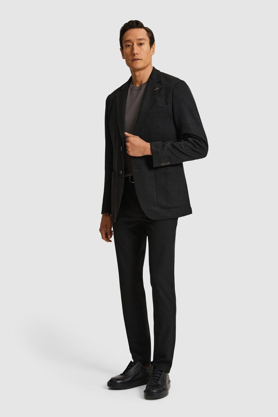 Siyah Slim Fit Mikro Desen Mono Yaka Keten Karışımlı Ceket - 50324557038