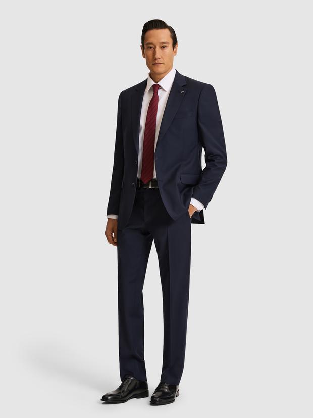 Lacivert Slim Fit Mikro Desen Mono Yaka Saf Yün Takım Elbise