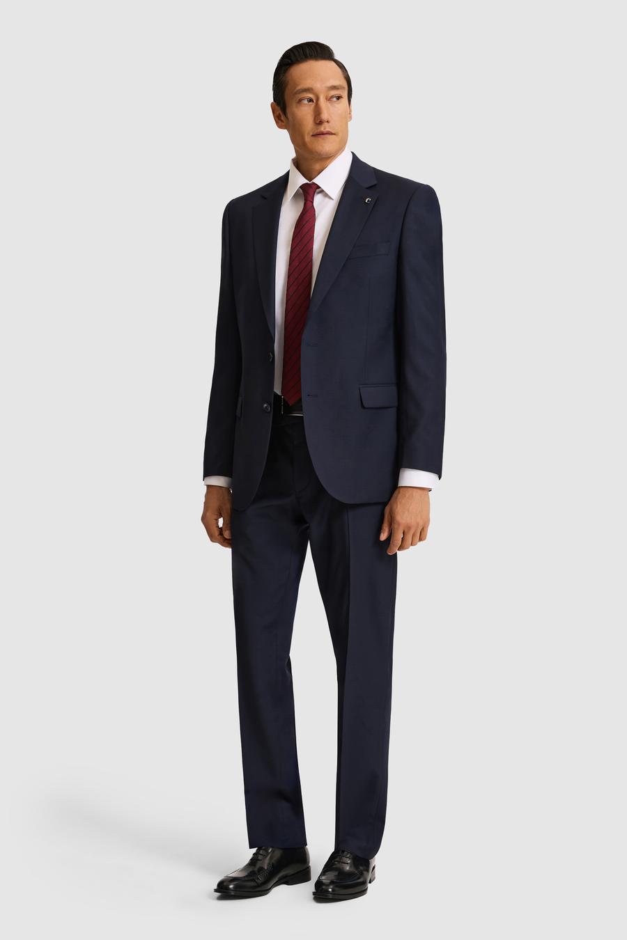 Lacivert Slim Fit Mikro Desen Mono Yaka Saf Yün Takım Elbise - 50324516014