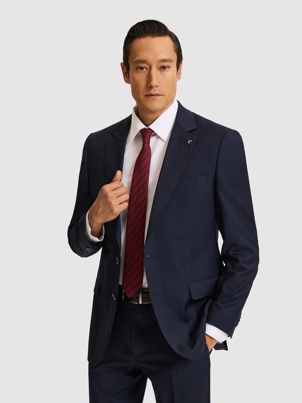 Lacivert Slim Fit Mikro Desen Mono Yaka Saf Yün Takım Elbise