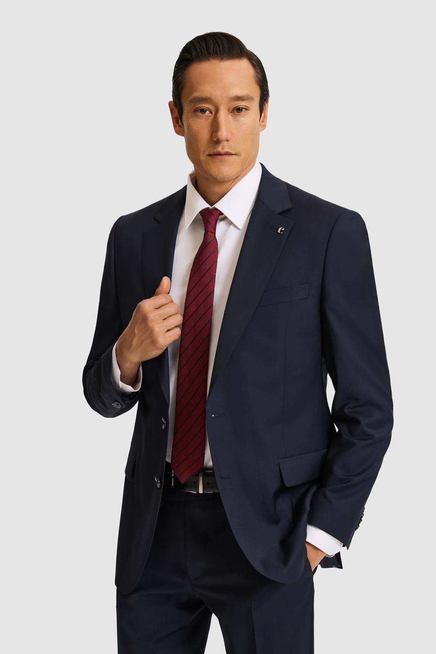 Lacivert Slim Fit Mikro Desen Mono Yaka Saf Yün Takım Elbise - 50324516014