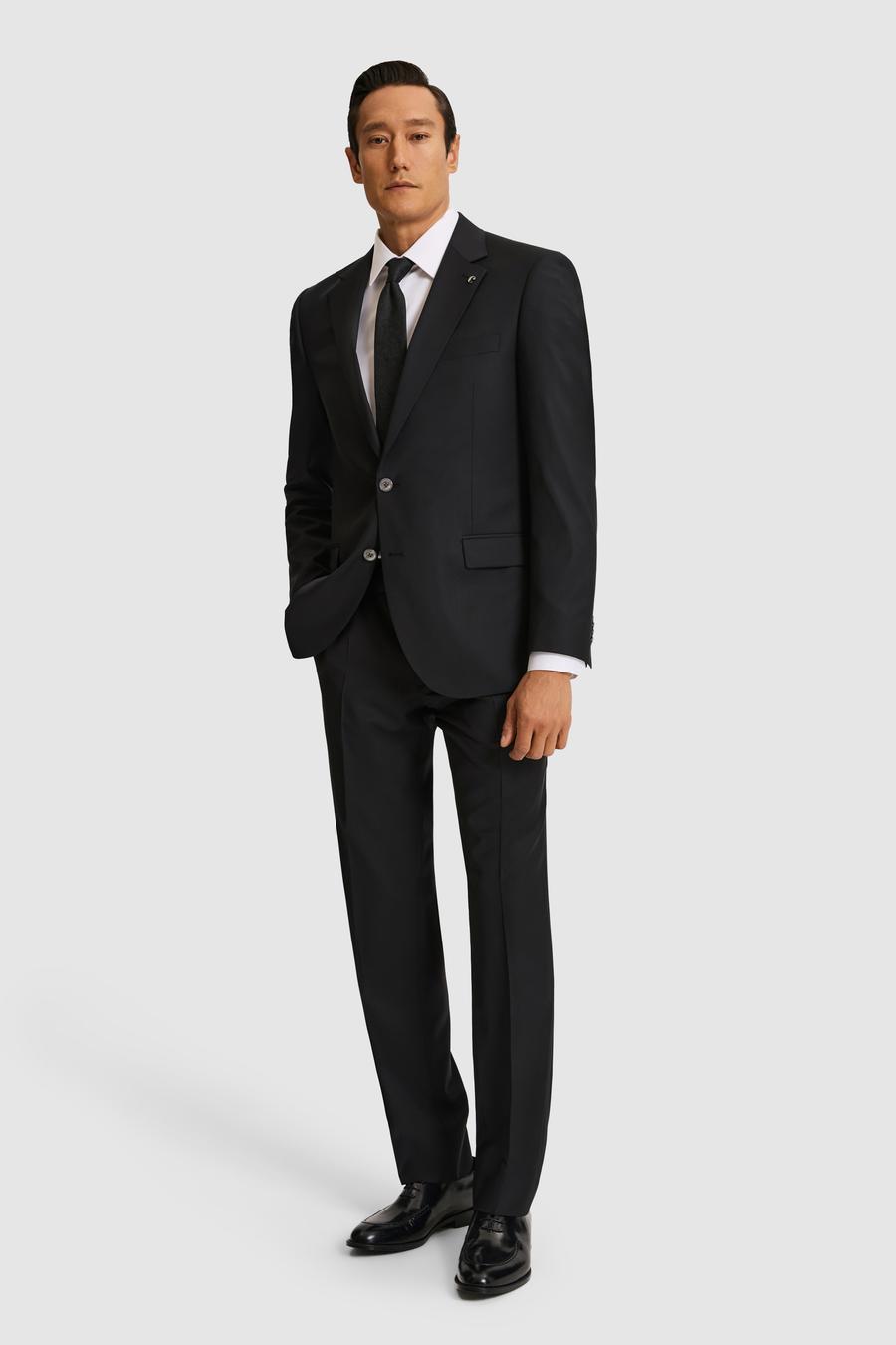 Siyah Slim Fit Mikro Desen Mono Yaka Saf Yün Takım Elbise - 50324516044