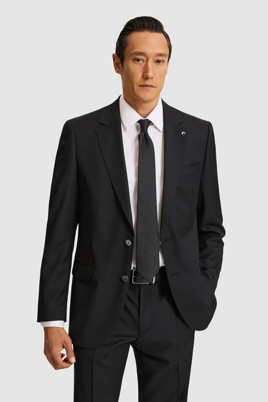 Siyah Slim Fit Mikro Desen Mono Yaka Saf Yün Takım Elbise - 50324516044