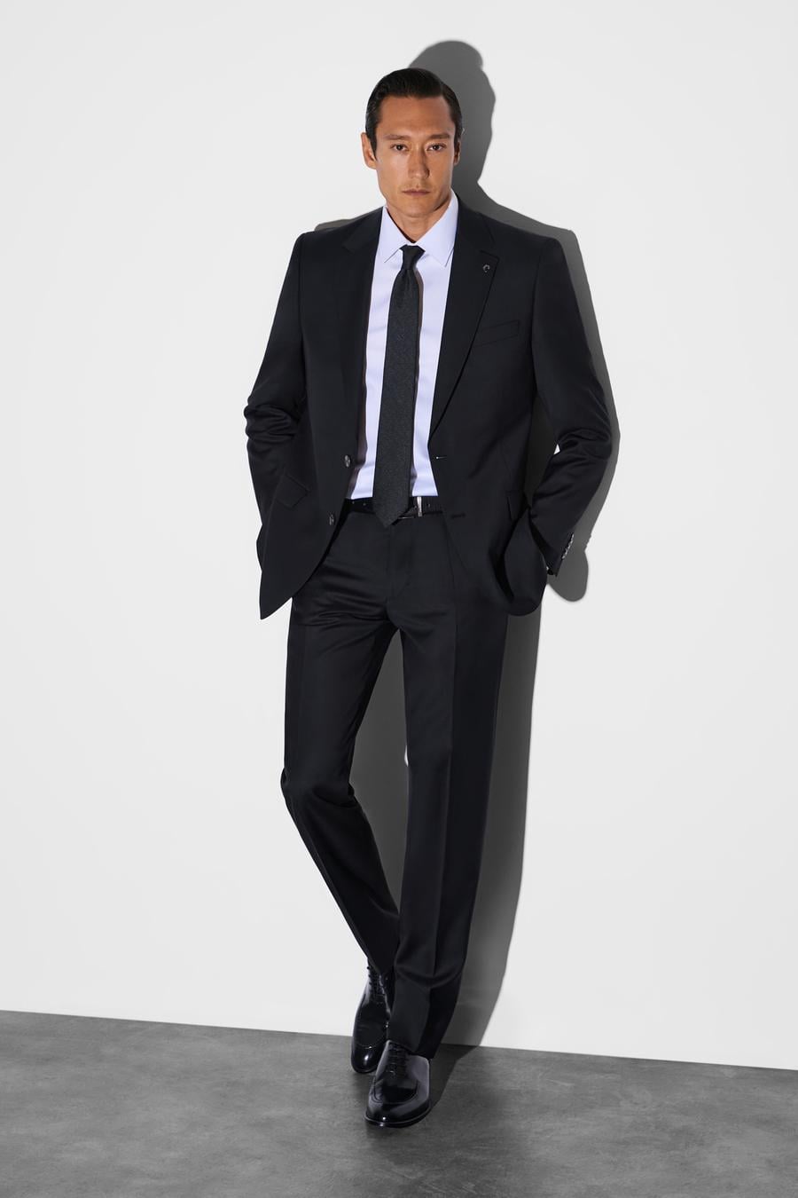 Siyah Slim Fit Mikro Desen Mono Yaka Saf Yün Takım Elbise - 50324516044