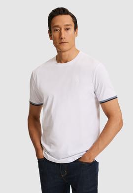 Beyaz Regular Fit Saf Pamuk Bisiklet Yaka Desenli T-shirt