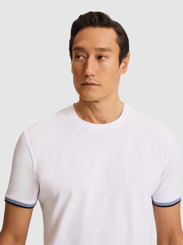 Beyaz Regular Fit Saf Pamuk Bisiklet Yaka Desenli T-shirt