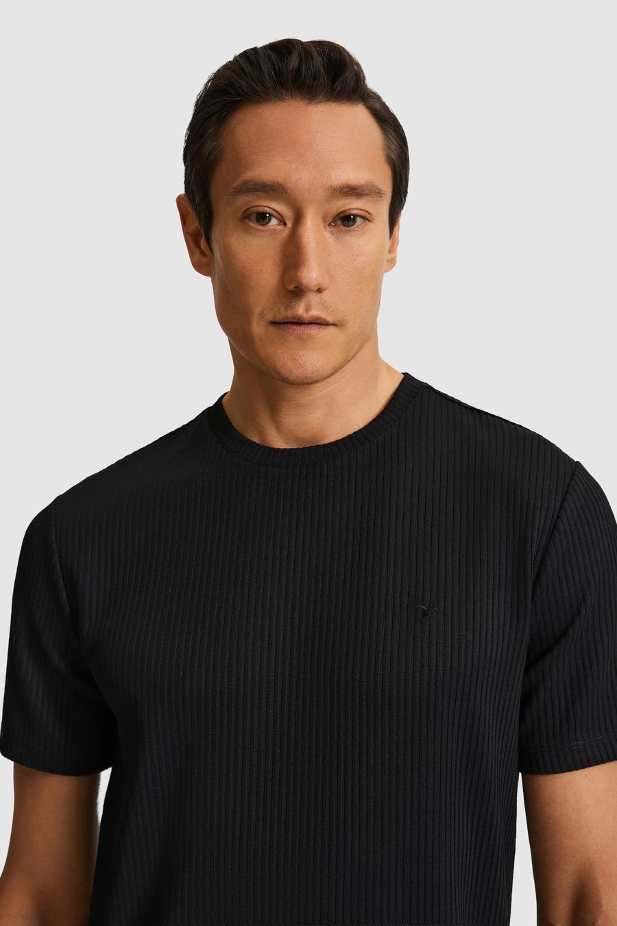 Siyah Slim Fit Dokulu Bisiklet Yaka T-shirt - 50324381012