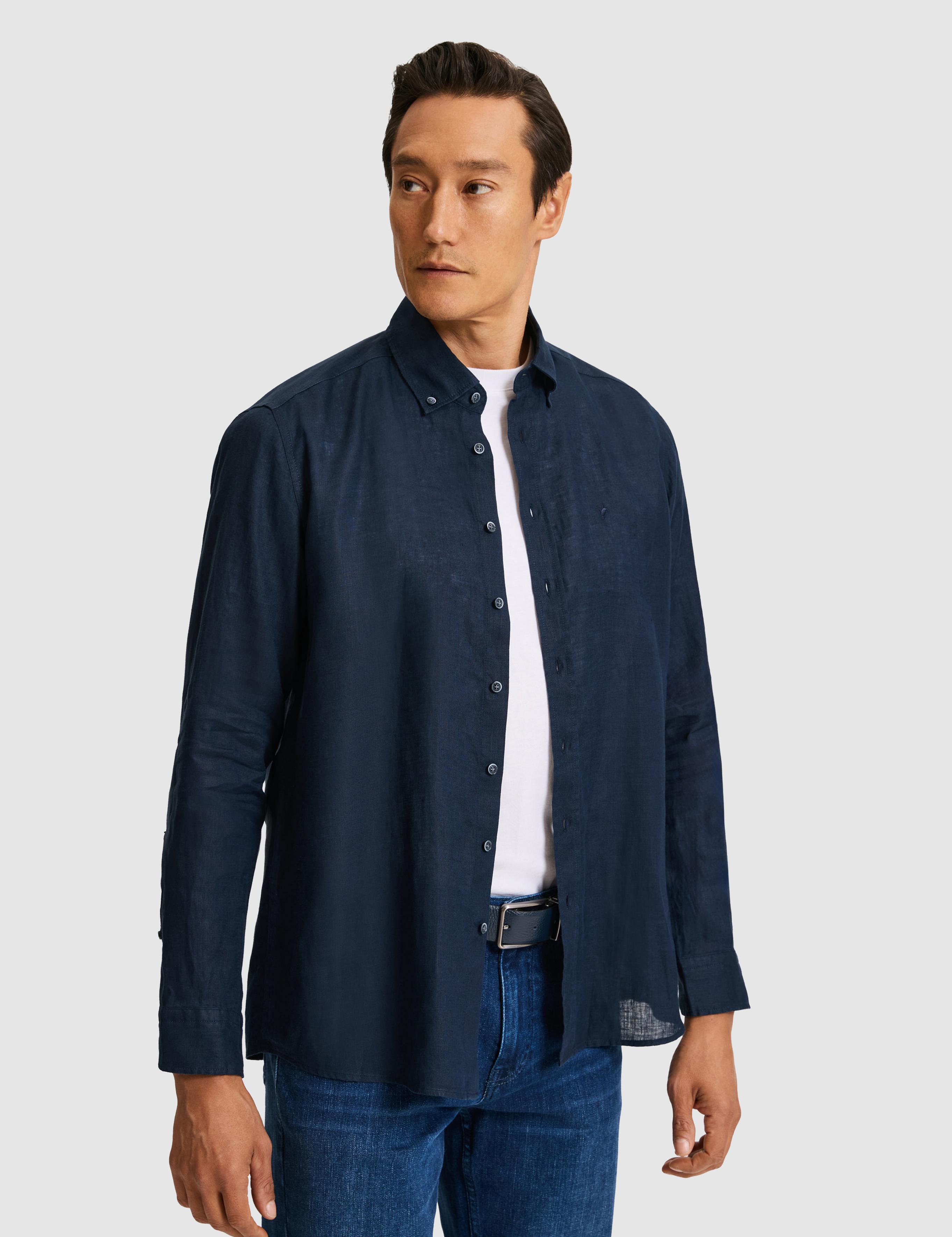 Lacivert Regular Fit Yakası Düğmeli Saf Keten Gömlek - 50319198299