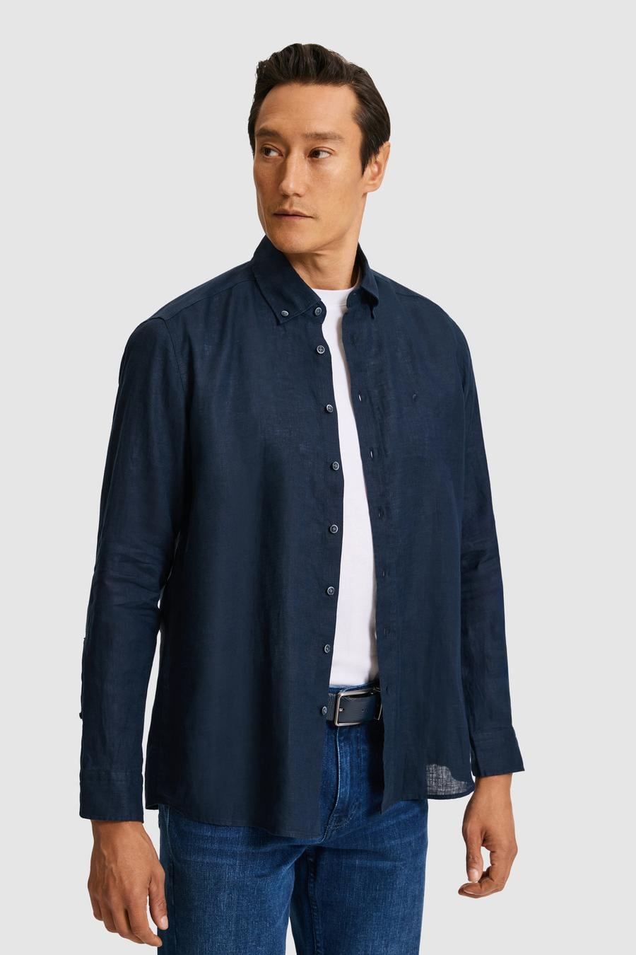 Lacivert Regular Fit Yakası Düğmeli Saf Keten Gömlek - 50319198299