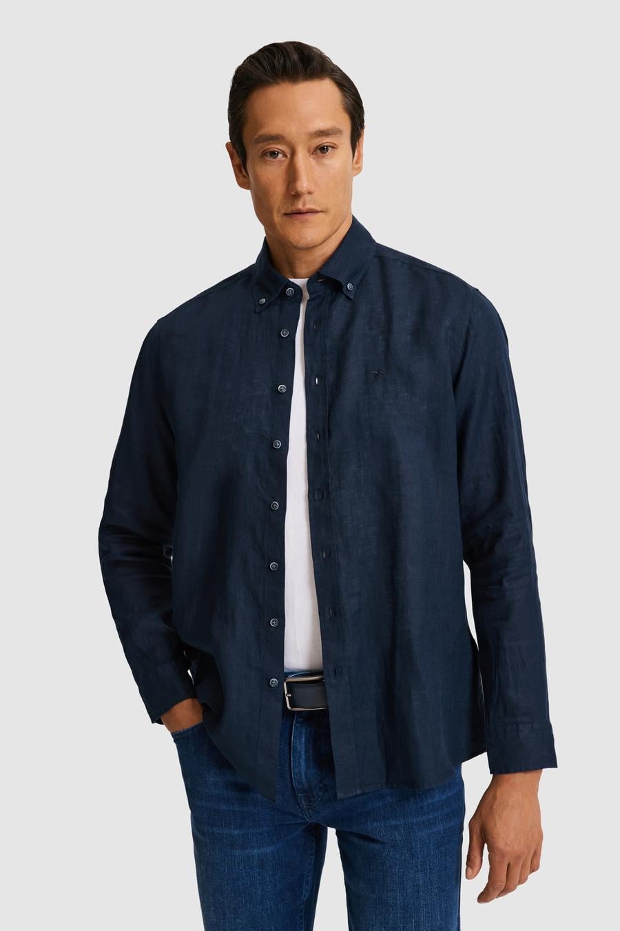 Lacivert Regular Fit Yakası Düğmeli Saf Keten Gömlek - 50319198299