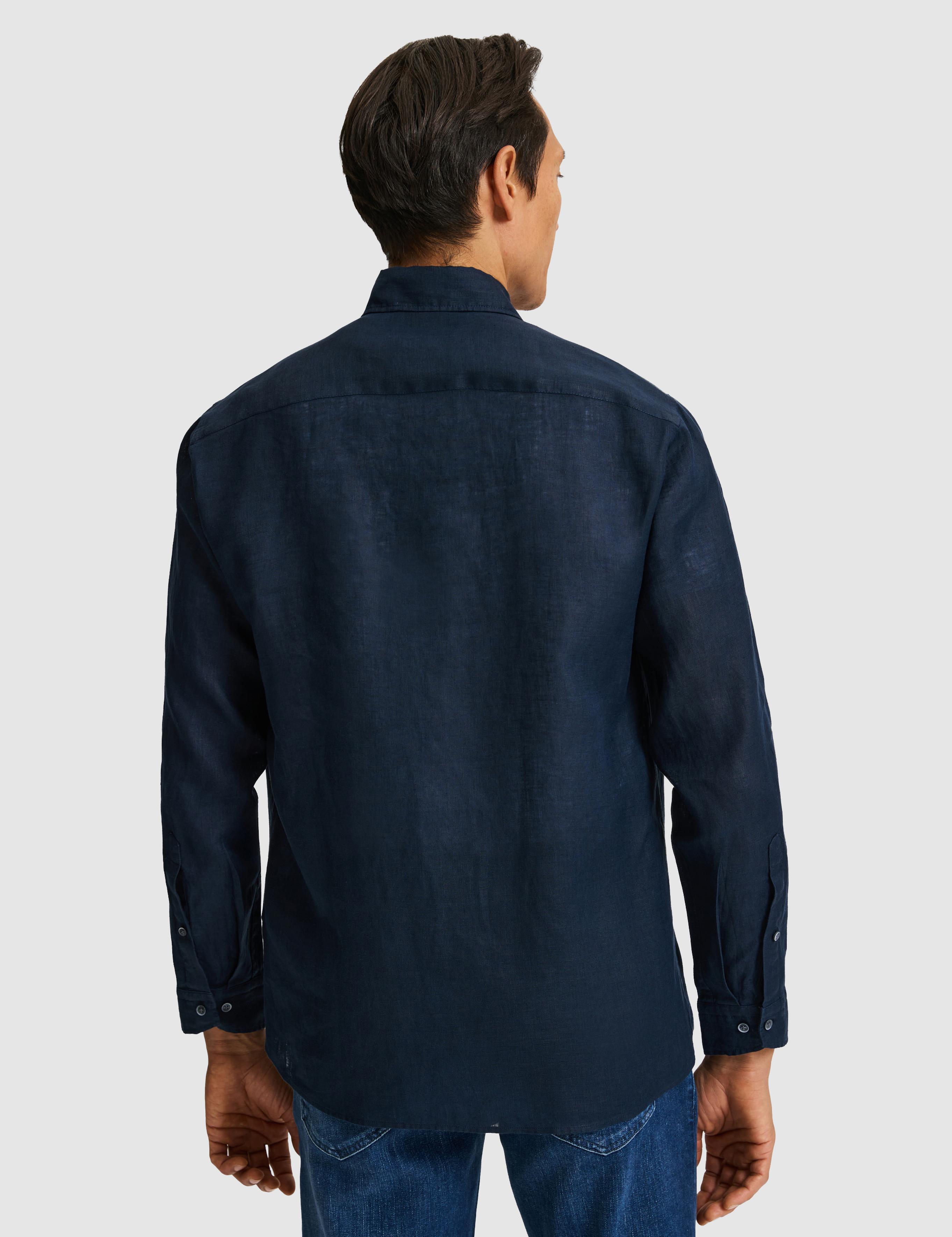 Lacivert Regular Fit Yakası Düğmeli Saf Keten Gömlek - 50319198299