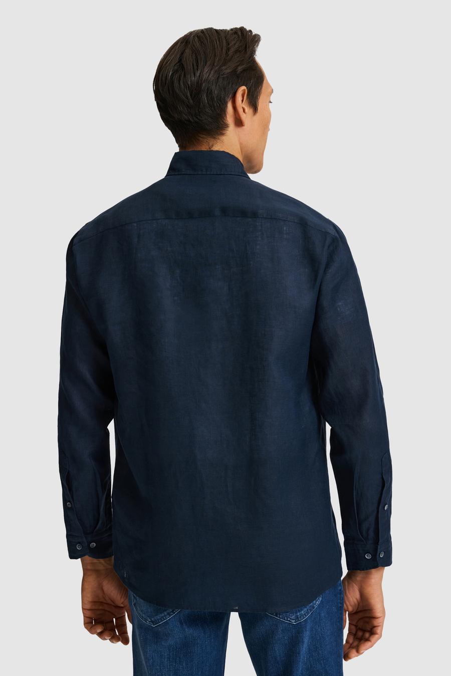 Lacivert Regular Fit Yakası Düğmeli Saf Keten Gömlek - 50319198299
