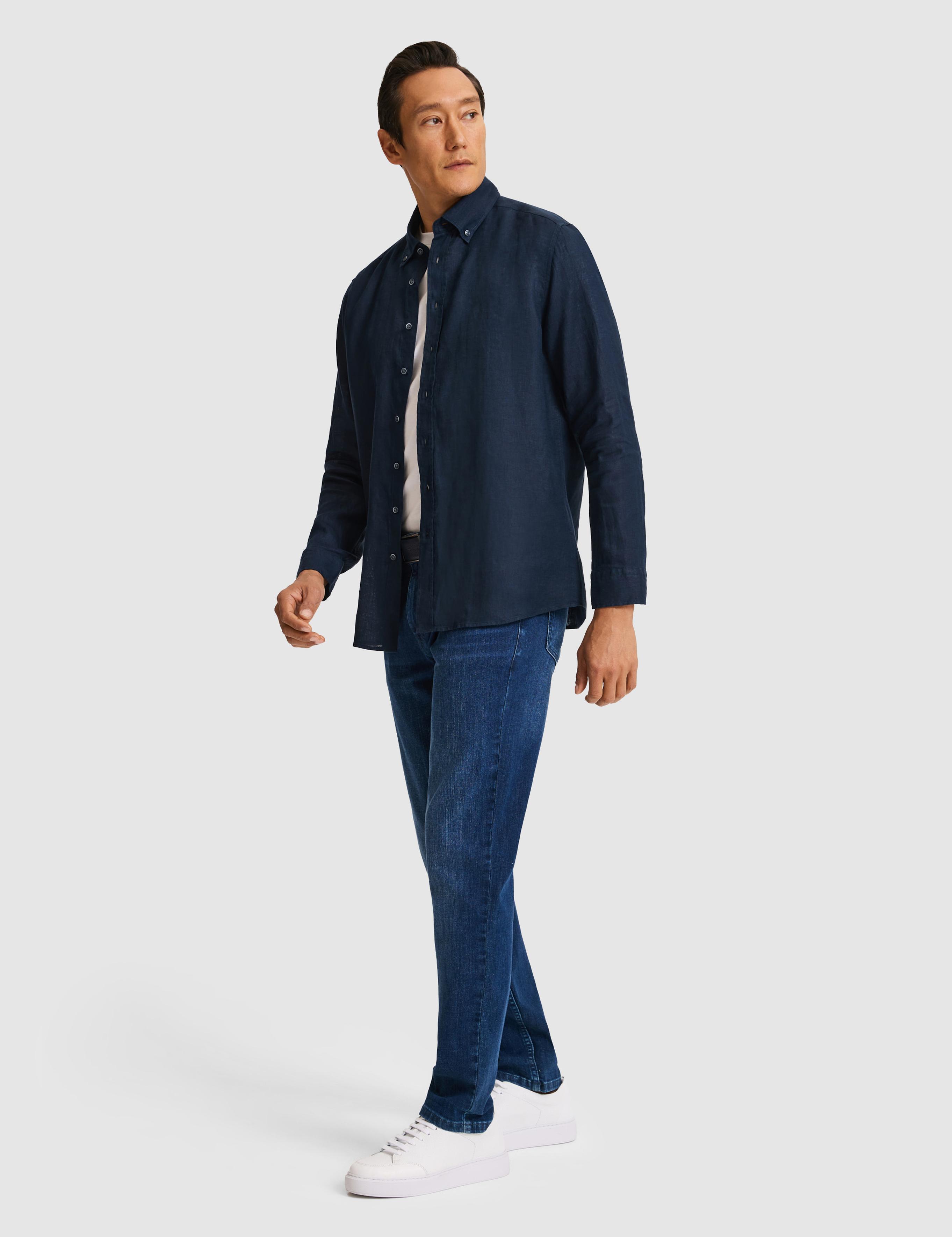 Lacivert Regular Fit Yakası Düğmeli Saf Keten Gömlek - 50319198299