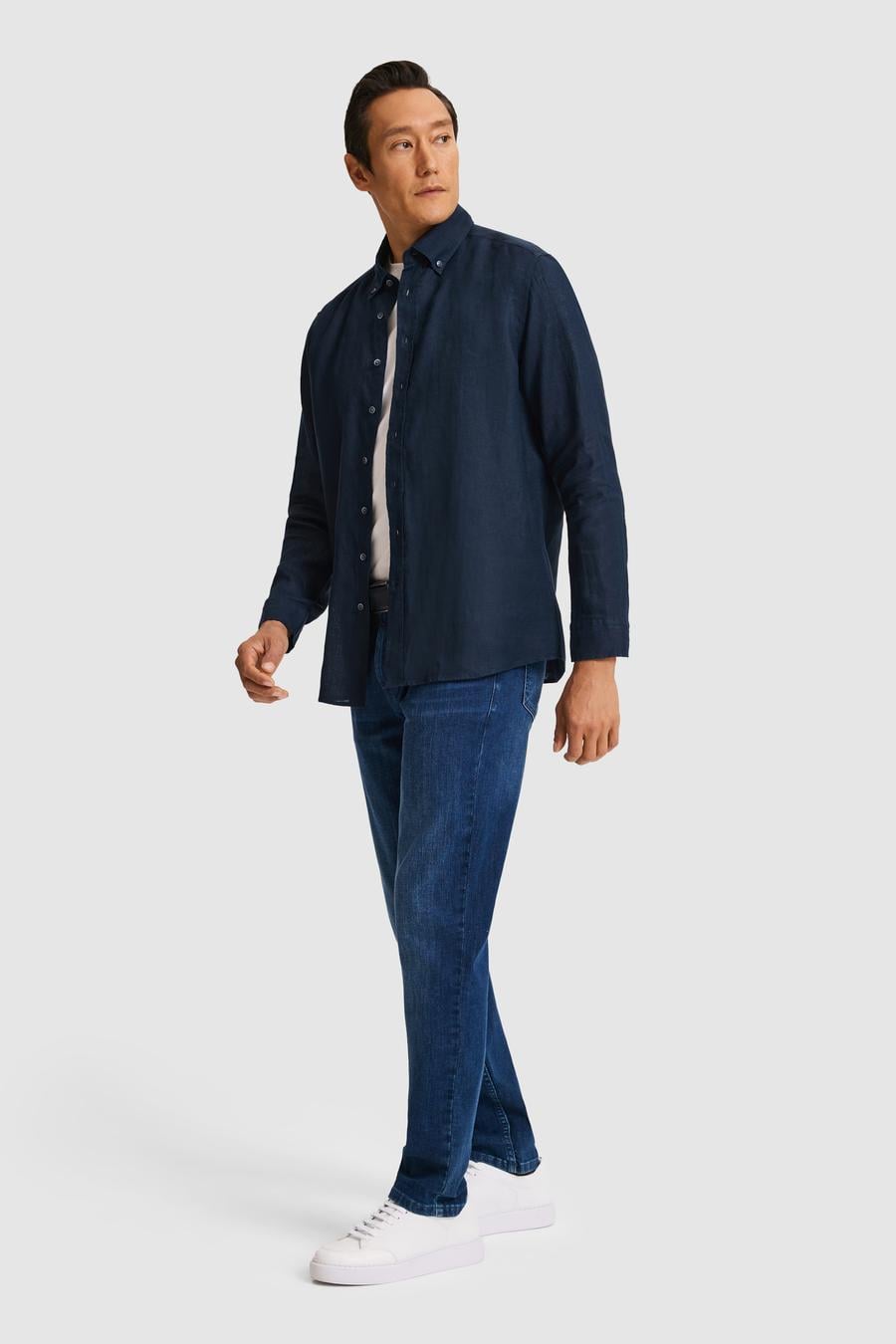 Lacivert Regular Fit Yakası Düğmeli Saf Keten Gömlek - 50319198299