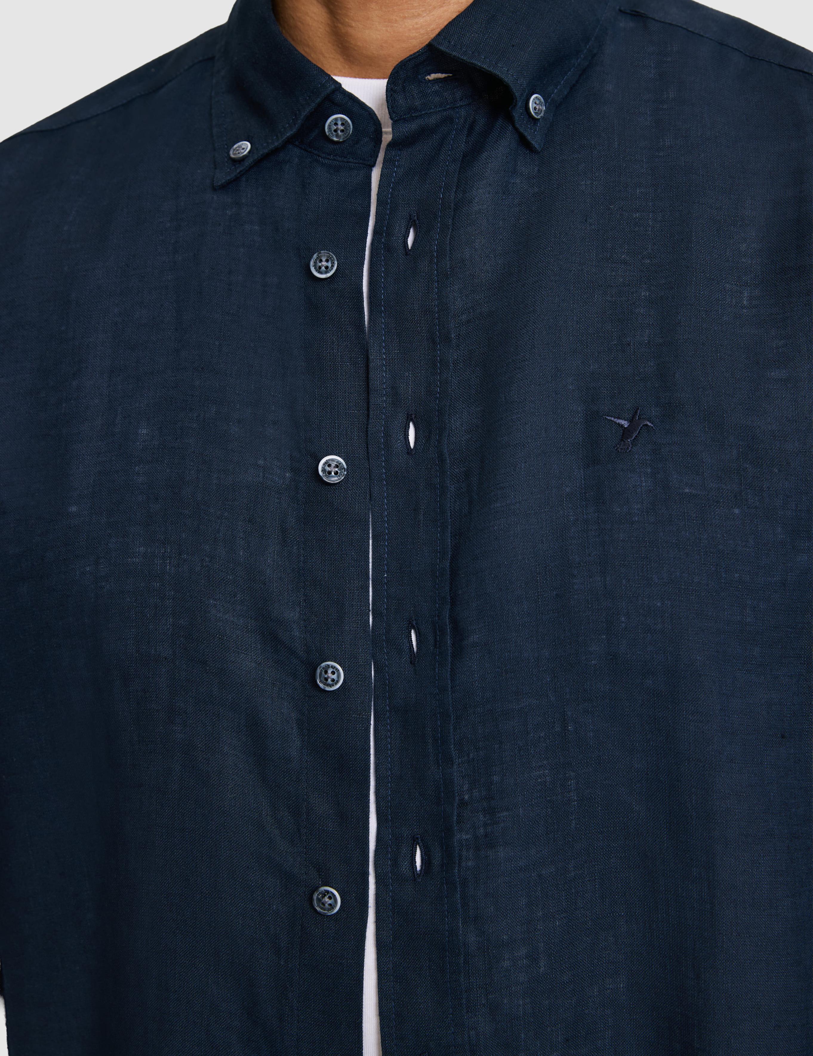 Lacivert Regular Fit Yakası Düğmeli Saf Keten Gömlek - 50319198299