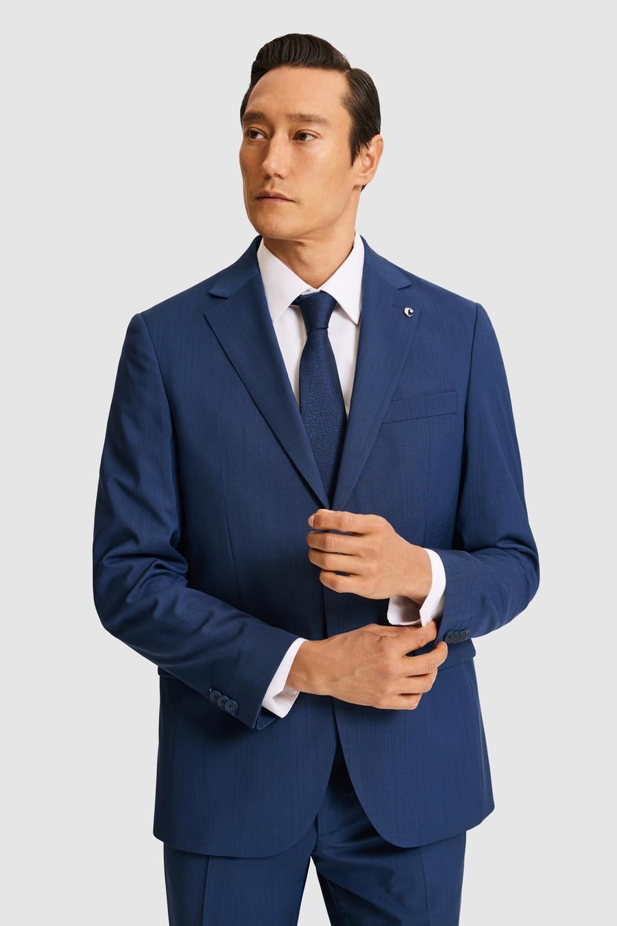 Lacivert Slim Fit Mikro Desen Mono Yaka Saf Yün Takım Elbise - 50319162017