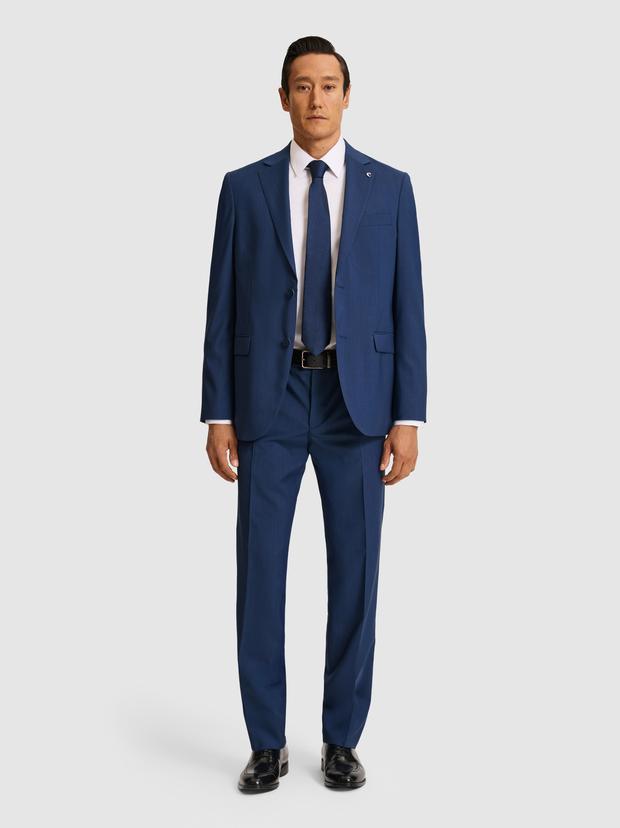 Lacivert Slim Fit Mikro Desen Mono Yaka Saf Yün Takım Elbise