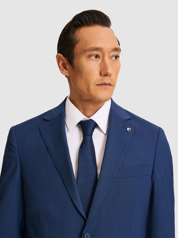 Lacivert Slim Fit Mikro Desen Mono Yaka Saf Yün Takım Elbise