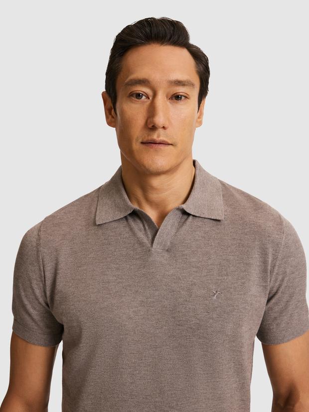 Bej Slim Fit Apaş Yaka Modal Karışımlı Triko T-shirt