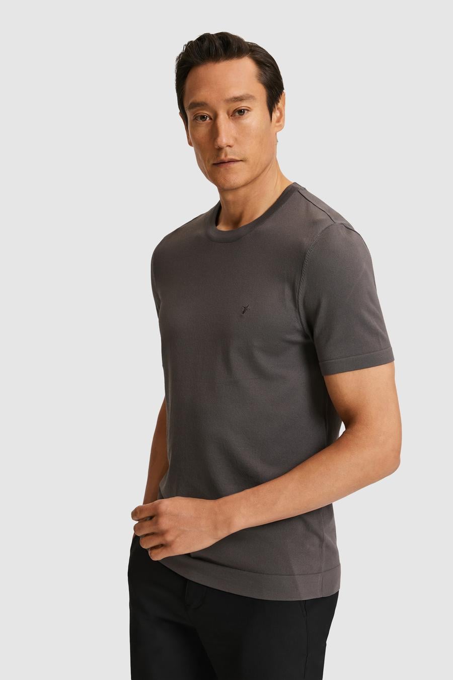 Antrasit Slim Fit Bisiklet Yaka Triko T-shirt - 50323863029