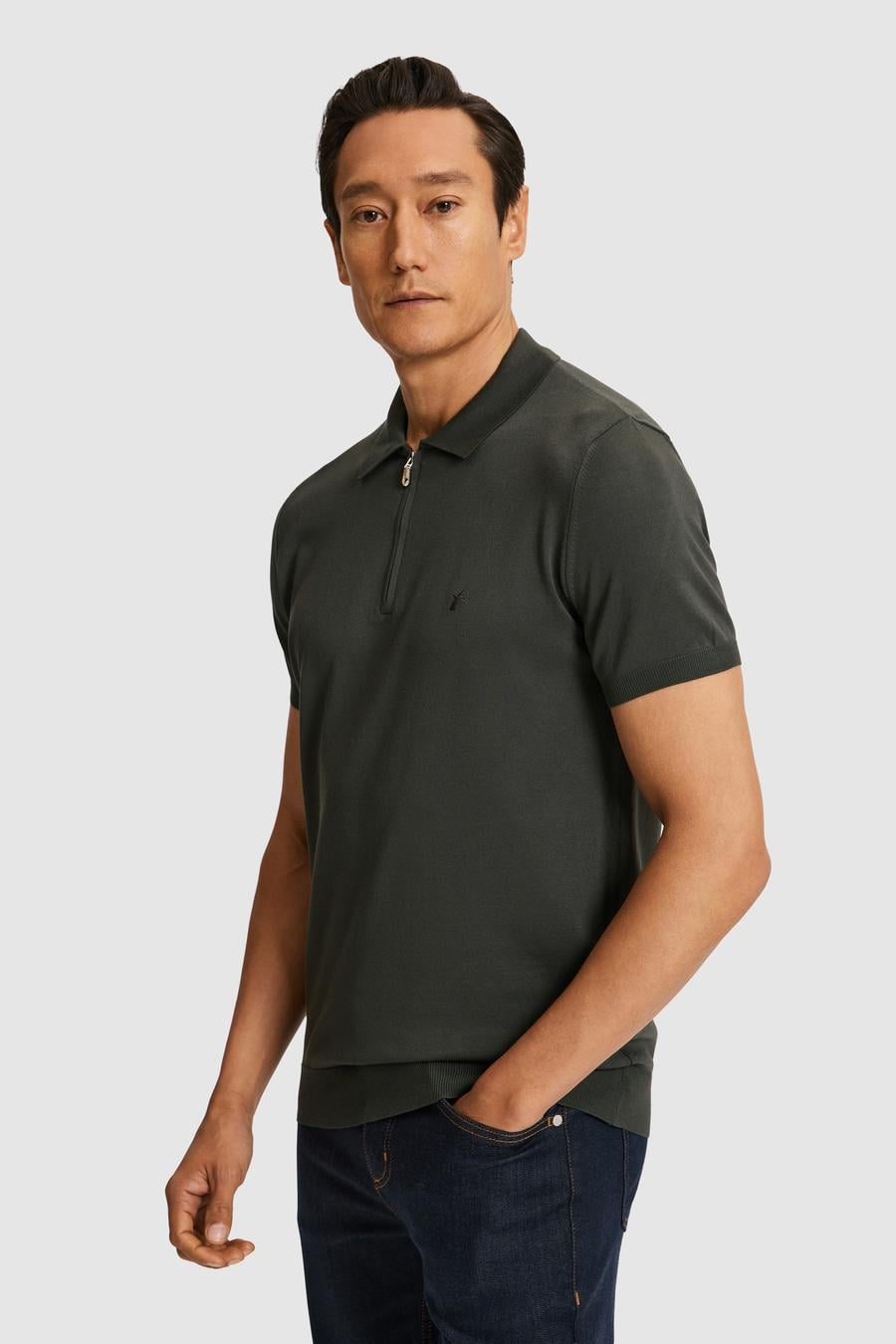 Haki Slim Fit Fermuarlı Polo Yaka Triko T-shirt - 50328381001