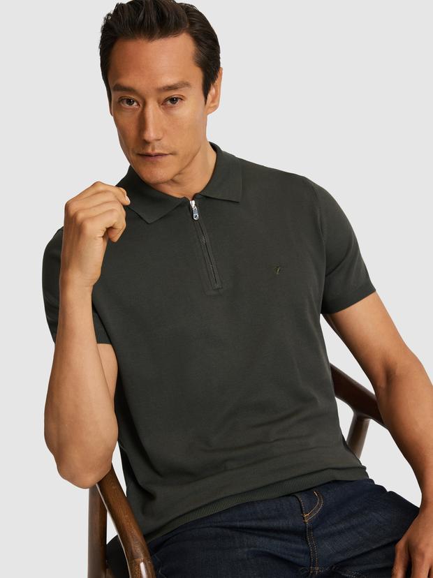 Haki Slim Fit Fermuarlı Polo Yaka Triko T-shirt