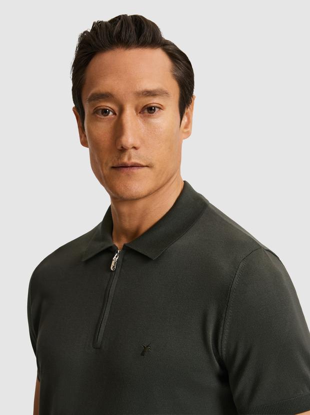 Haki Slim Fit Fermuarlı Polo Yaka Triko T-shirt