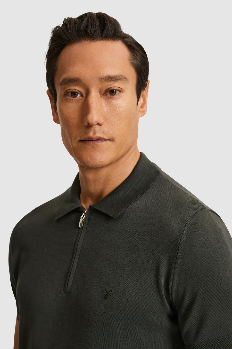 Haki Slim Fit Fermuarlı Polo Yaka Triko T-shirt - 50328381001