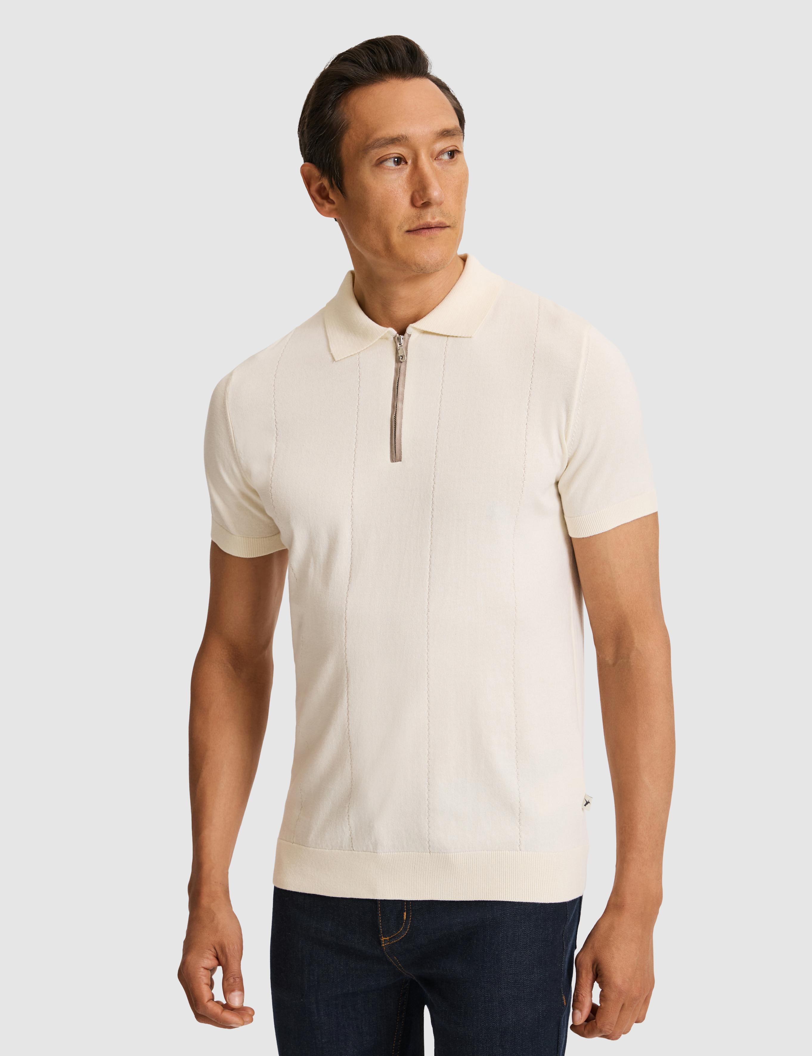 Ekru Slim Fit Fermuarlı Polo Yaka Saf Pamuk Triko T-shirt - 50324006010