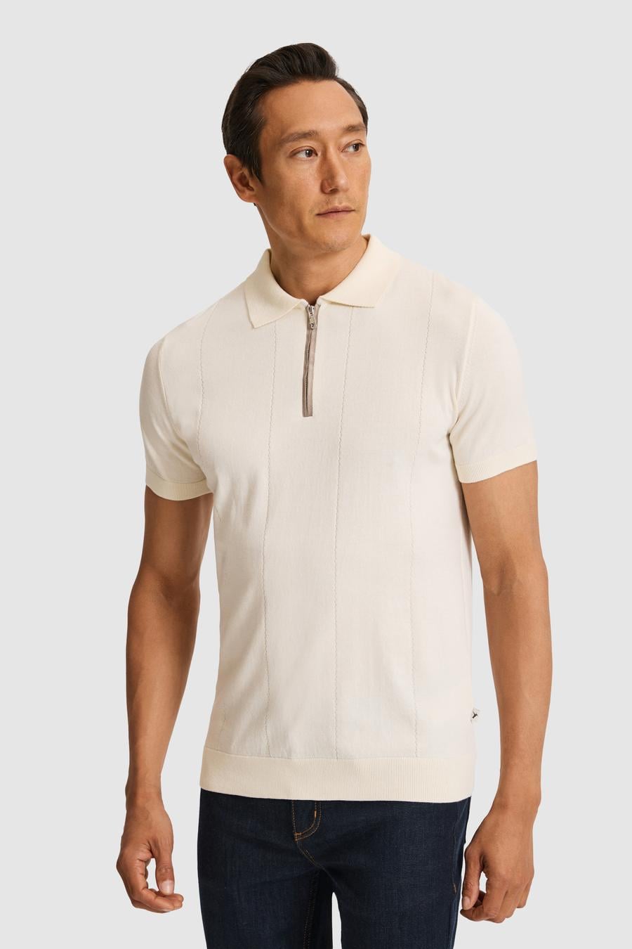 Ekru Slim Fit Fermuarlı Polo Yaka Saf Pamuk Triko T-shirt - 50324006010