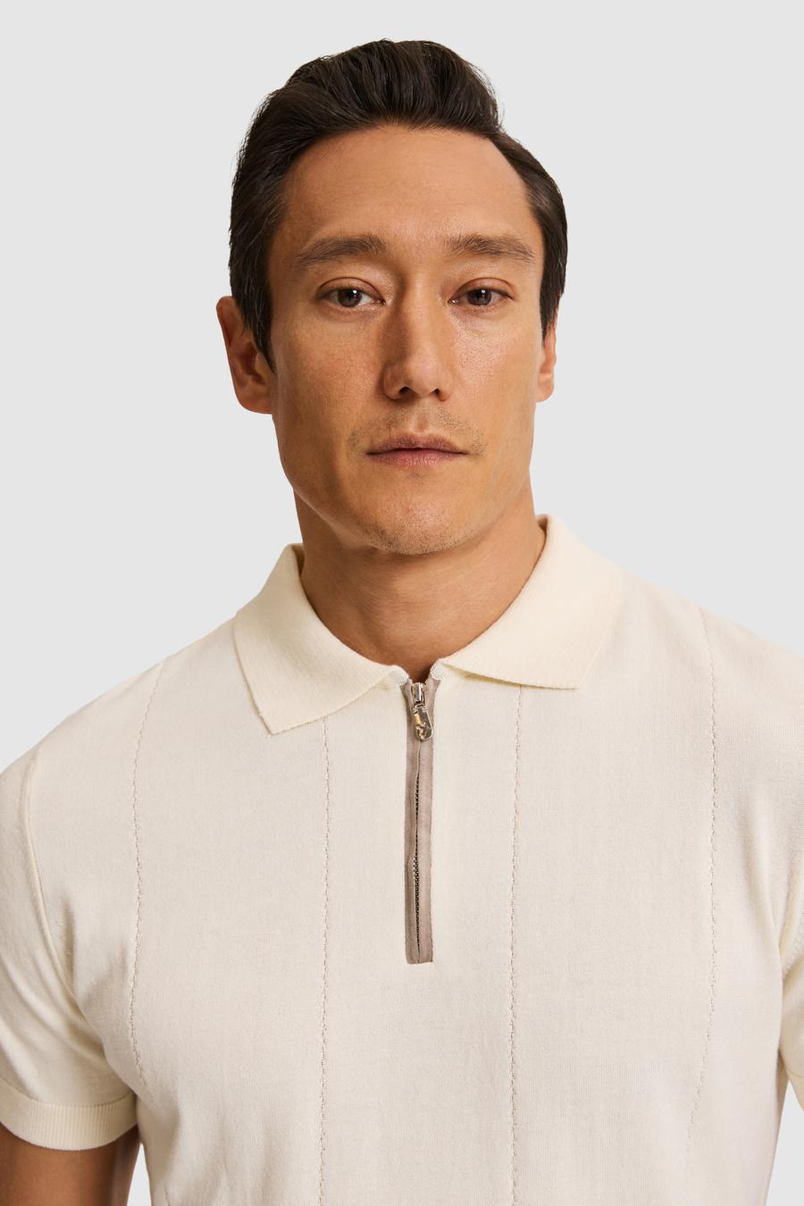 Ekru Slim Fit Fermuarlı Polo Yaka Saf Pamuk Triko T-shirt - 50324006010