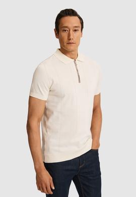 Ekru Slim Fit Fermuarlı Polo Yaka Saf Pamuk Triko T-shirt