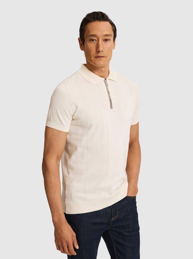 Ekru Slim Fit Fermuarlı Polo Yaka Saf Pamuk Triko T-shirt